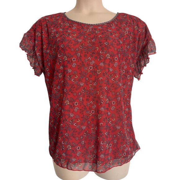 Max Studio Stretch Net Flutter Sleeve Floral Size 1X NWT $78  Lined Pullover Blo - Picture 1 of 9